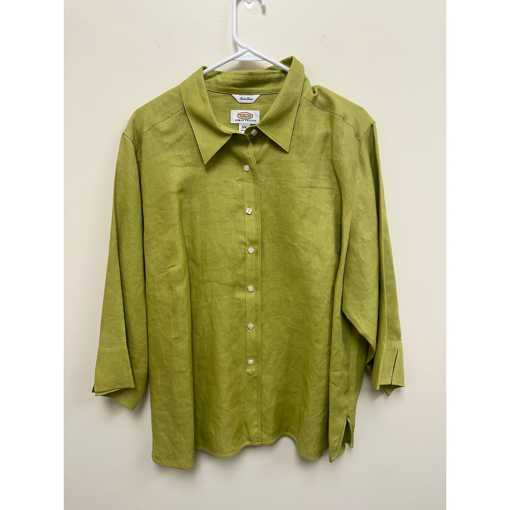 Talbots Woman Petites Irish Linen Button Down Shirt Chartreuse Green 20W 3/4 Slv